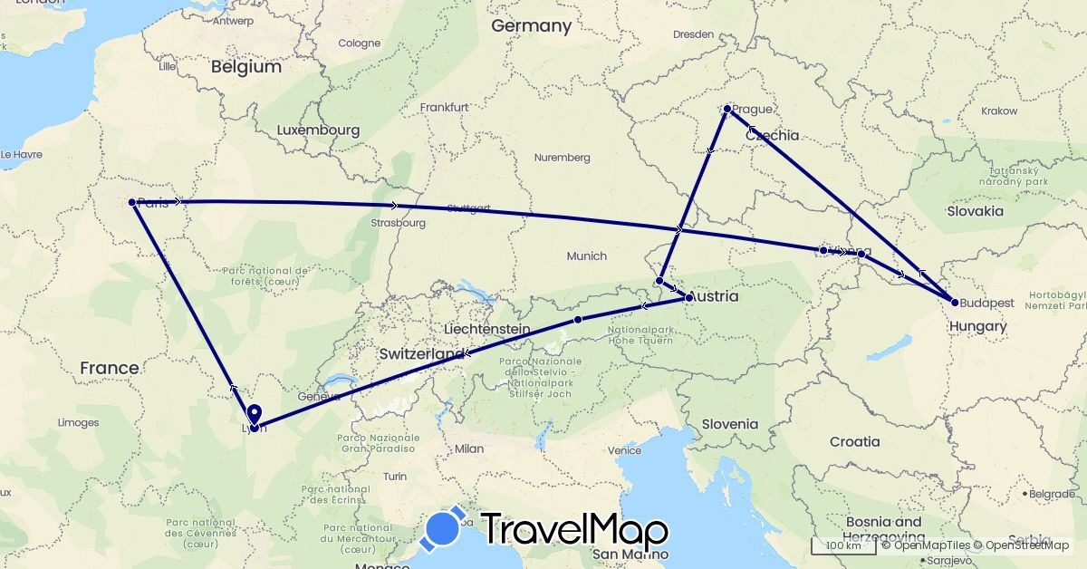 TravelMap itinerary: driving in Austria, Czech Republic, France, Hungary, Slovakia (Europe)